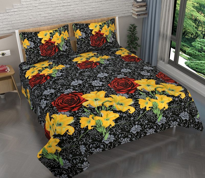 COTTON VILLAS 140 TC Microfiber, Cotton Double 3D Printed Flat Bedsheet  (Pack of 3, Multicolor06)