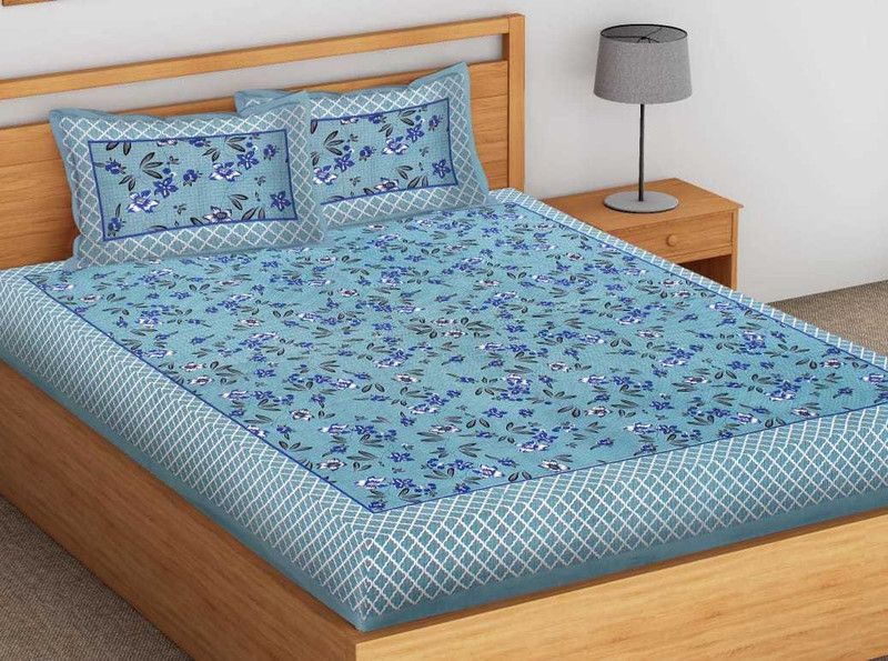 MSKS 144 TC Cotton Double Floral Flat Bedsheet  (Pack of 1, Light Blue)