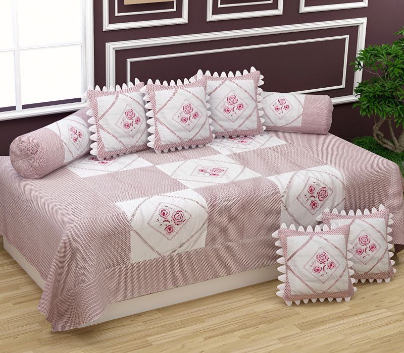 WYTOMAH Cotton Embroidered Diwan Set  (Pink)