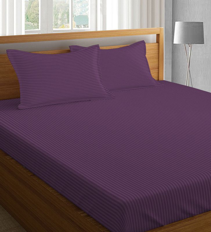 Pizuna 400 TC Cotton Queen Striped Flat Bedsheet  (Pack of 1, Plum)