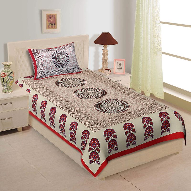 Estilo 144 TC Cotton Single Jaipuri Prints Flat Bedsheet  (Pack of 1, Red)