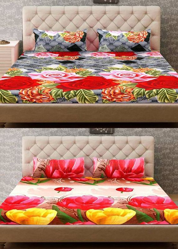 VHD 120 TC Polycotton Double Printed Flat Bedsheet  (Pack of 2, Multicolor)