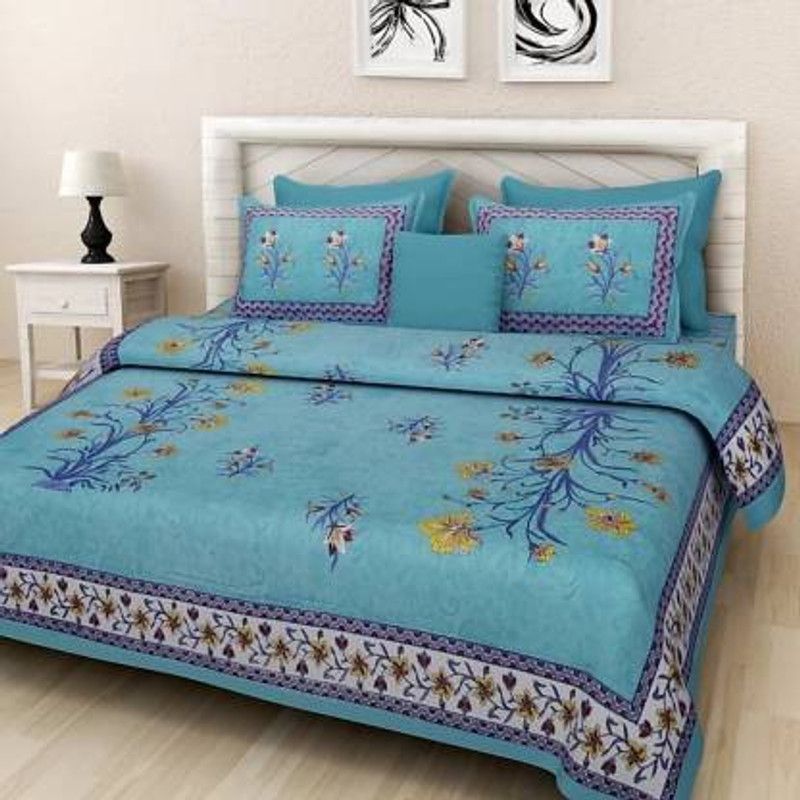 Hazari 250 TC Cotton Double Floral Flat Bedsheet  (Pack of 1, Blue)