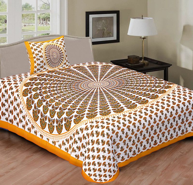 VRG 144 TC Cotton Single Jaipuri Prints Flat Bedsheet  (Pack of 1, Yellow)
