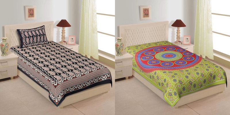 TANIKA 140 TC Cotton Single Printed Flat Bedsheet  (Pack of 2, Black, Green)
