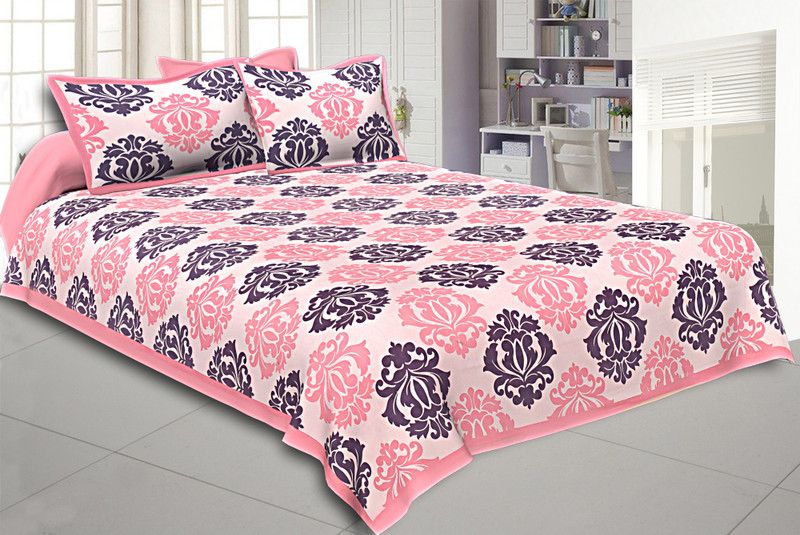 Shubhnya Craft 144 TC Cotton Double Jaipuri Prints Flat Bedsheet  (Pack of 1, Pink)