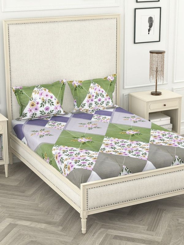 Bianca 210 TC Microfiber King Floral Flat Bedsheet  (Pack of 1, GREY/GREEN)