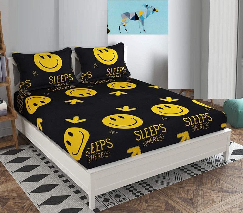 Recstiria Fab 220 TC Microfiber Double Cartoon Flat Bedsheet  (Pack of 1, Black,Yellow)