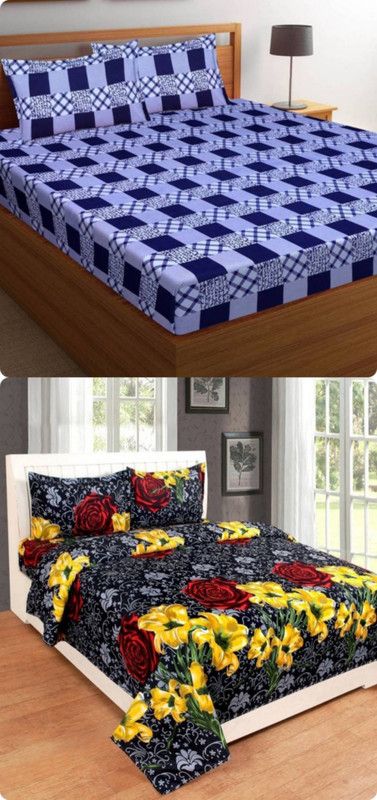 EKANSH FAB 160 TC Microfiber Double Geometric Flat Bedsheet  (Pack of 2, Blue)