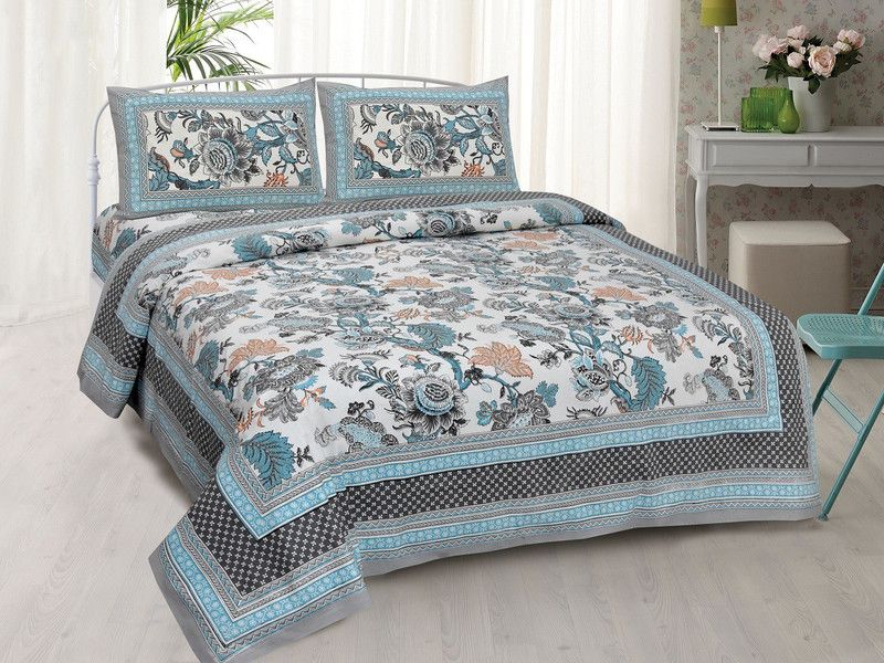 Winnerscrafts 240 TC Cotton King Floral Flat Bedsheet  (Pack of 1, Grey, White)
