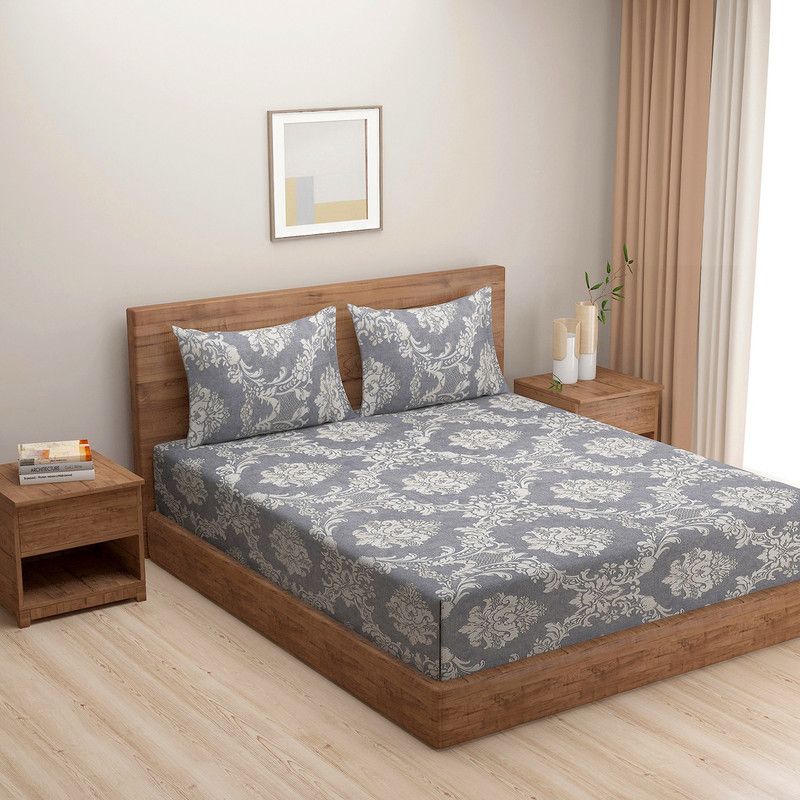 SWAYAM 200 TC Cotton Double Floral Fitted (Elastic) Bedsheet  (Pack of 1, Grey,White)