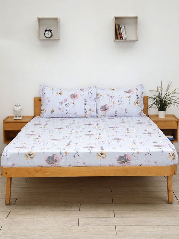 Ariana 140 TC Polyester Queen Floral Flat Bedsheet  (Pack of 1, Blue)