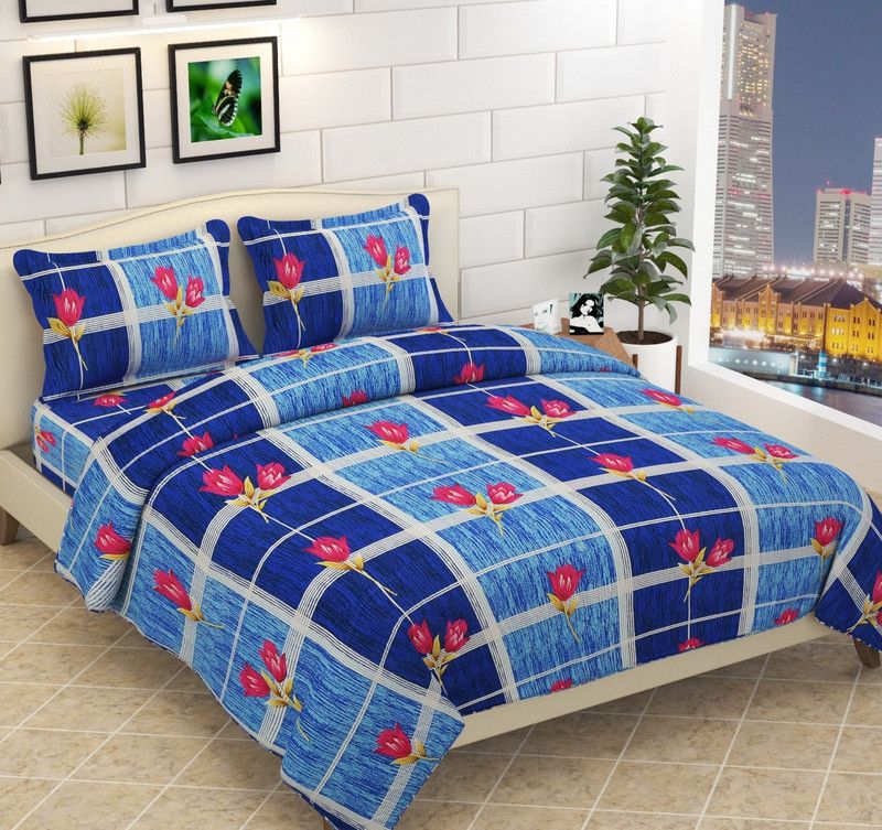PROZONE 160 TC Microfiber Queen Floral Flat Bedsheet  (Pack of 1, Blue)