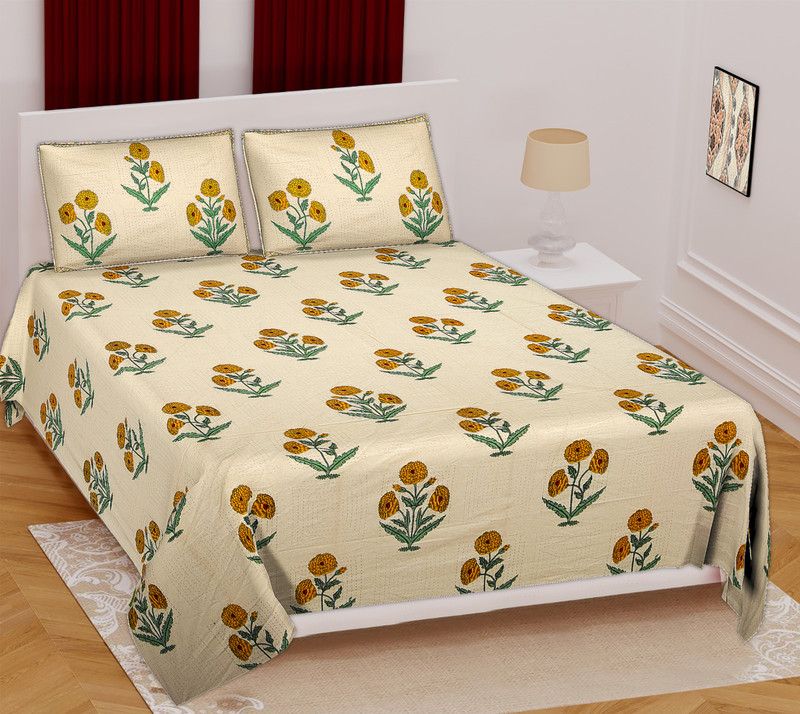 Galaxy textiles 144 TC Cotton Double Printed Flat Bedsheet  (Pack of 1, Yellow)