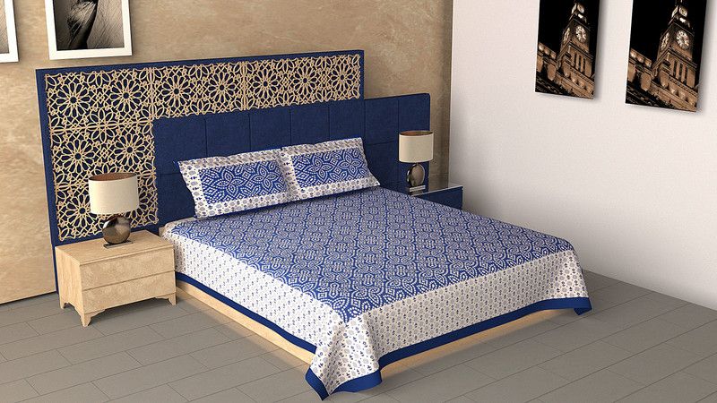 trency 140 TC Cotton Double Jaipuri Prints Flat Bedsheet  (Pack of 1, Blue)