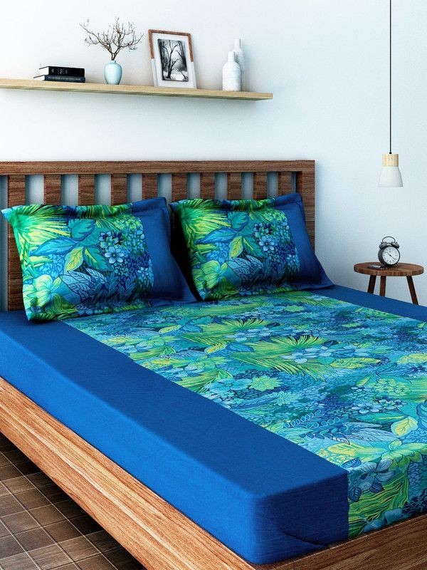 SWAYAM 180 TC Cotton Double Floral Bedsheet  (Pack of 1, Green, Blue, Yellow)
