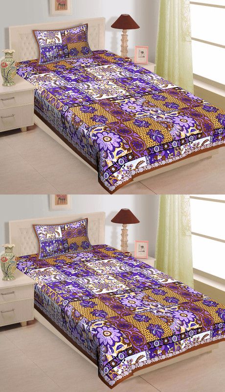 Texstylers 144 TC Cotton Single Jaipuri Prints Flat Bedsheet  (Pack of 2, Purple, Gold)