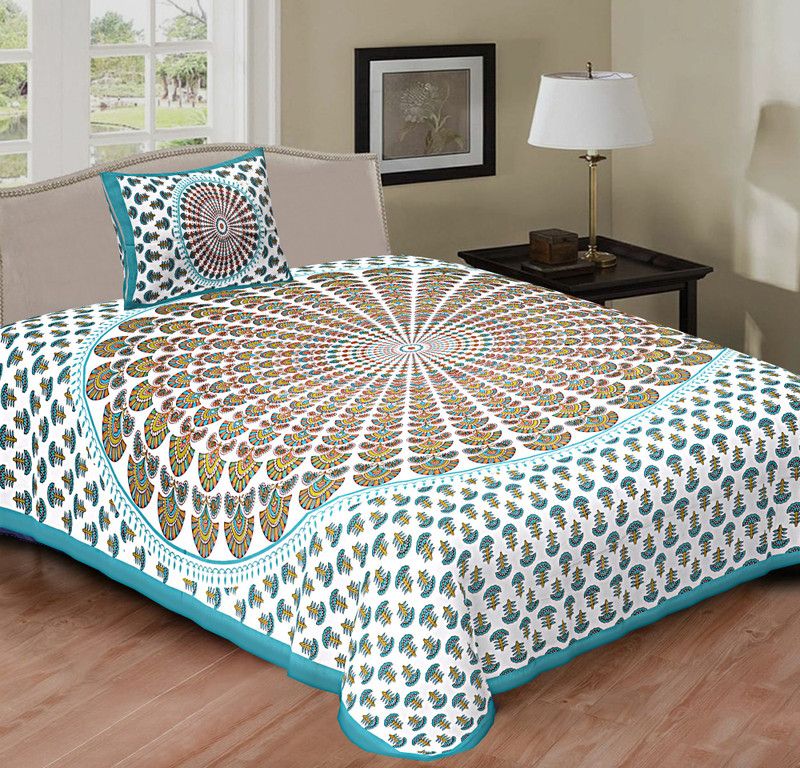 VRG 144 TC Cotton Single Jaipuri Prints Flat Bedsheet  (Pack of 1, Green)