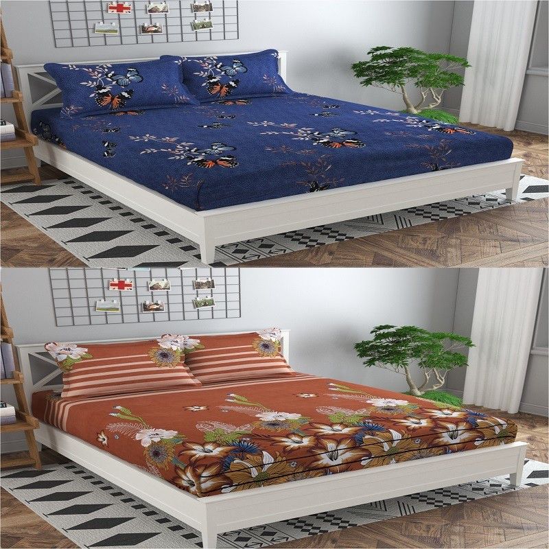 Nakshu 140 TC Polycotton Queen Floral Fitted (Elastic) Bedsheet  (Pack of 2, blue titli, dark brown flower)