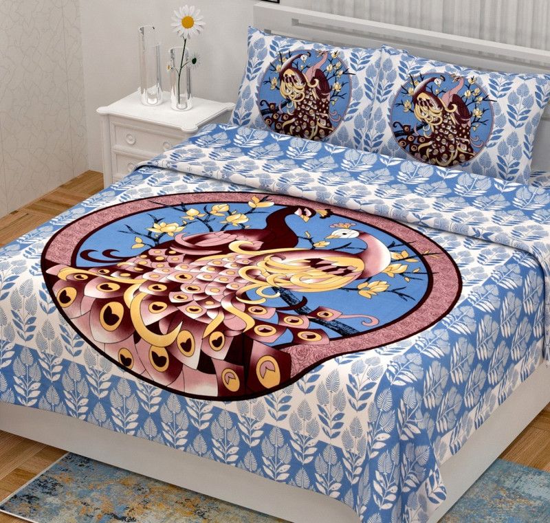 Rajdhani Collection 144 TC Cotton King Jaipuri Prints Flat Bedsheet  (Pack of 1, Blue)
