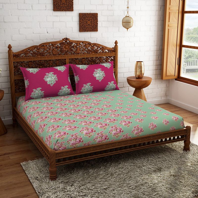 Welspun 210 TC Cotton Queen Floral Flat Bedsheet  (Pack of 1, Green)