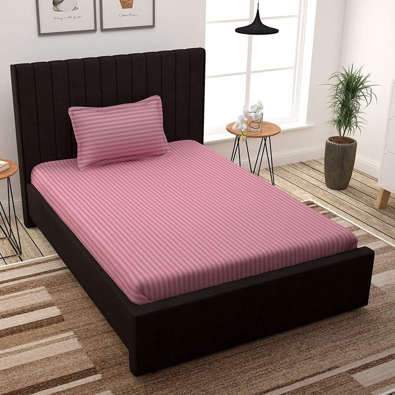 roman 240 TC Cotton Single Striped Fitted (Elastic) Bedsheet  (Pack of 1, Peach)