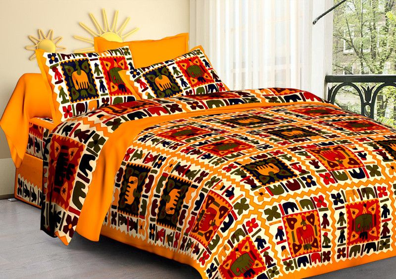 nitya fashion 144 TC Cotton Queen Printed Flat Bedsheet  (Pack of 1, Yellow , Olive , White)
