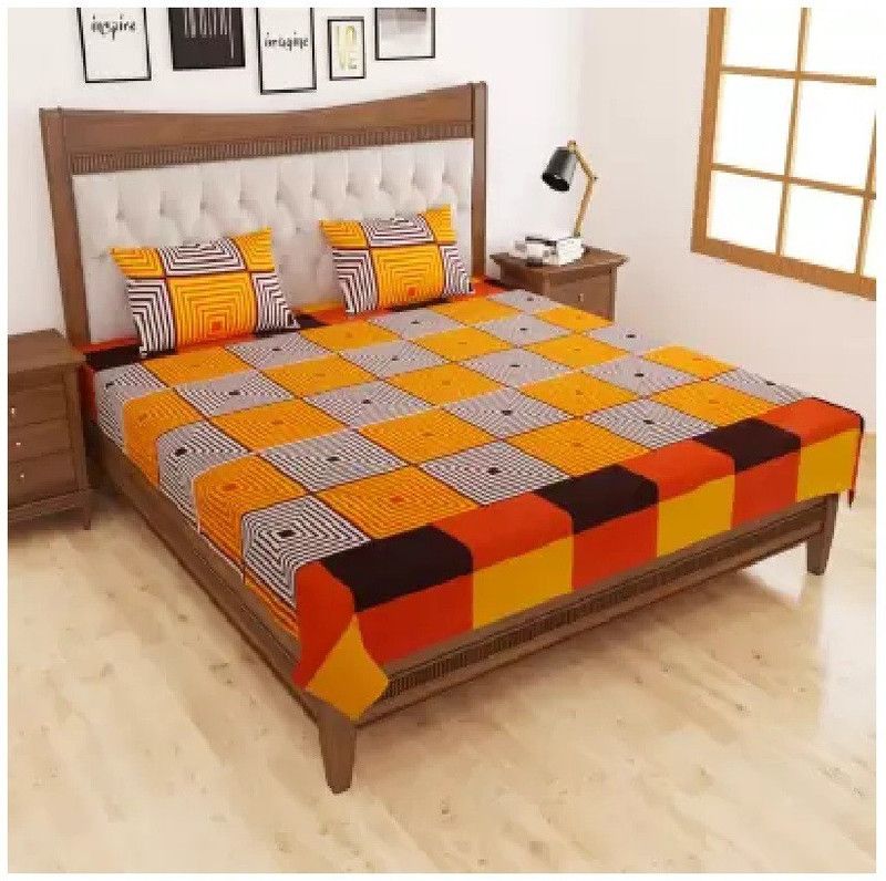 Home Readiness 140 TC Polycotton Double Printed Flat Bedsheet  (Pack of 1, Orange)