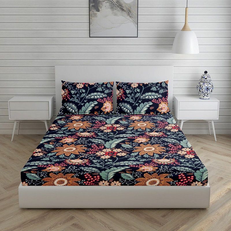 SKD ENTERPRISES 220 TC Cotton Double Floral Fitted (Elastic) Bedsheet  (Pack of 1, MUTLICOLOR)