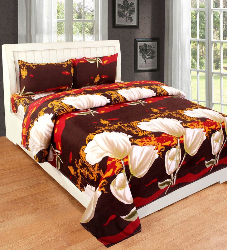BJP 104 TC Microfiber Double 3D Printed Flat Bedsheet  (Pack of 1, Brown)