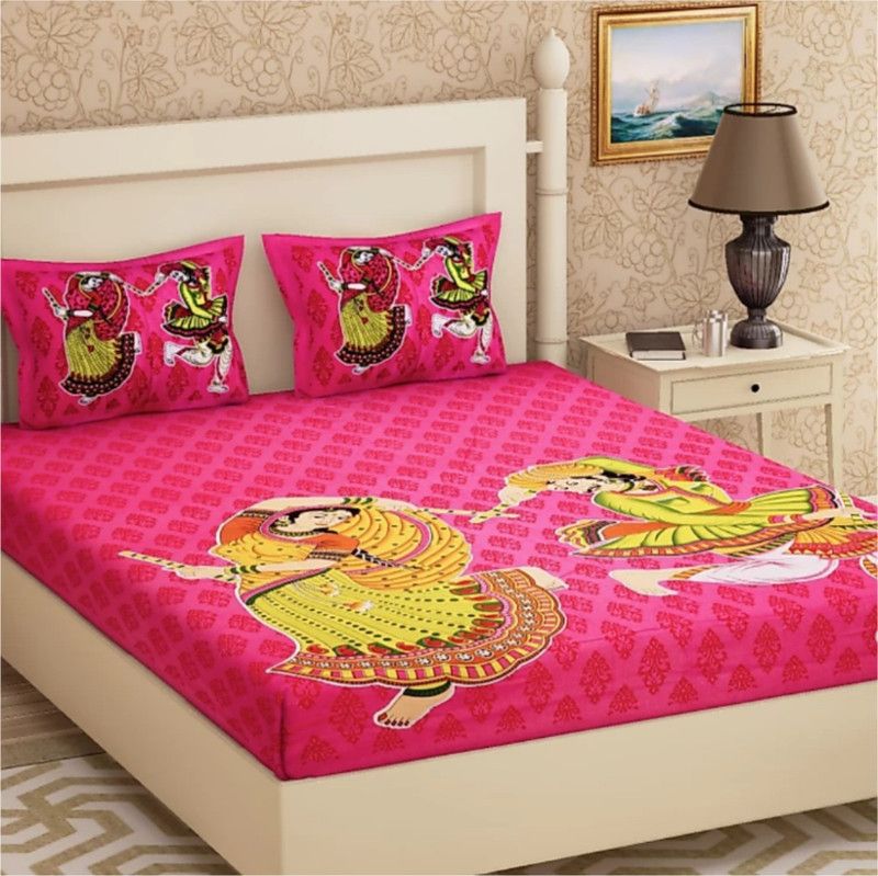 tripati sanganeri prints 104 TC Cotton Double Jaipuri Prints Flat Bedsheet  (Pack of 1, Pink)