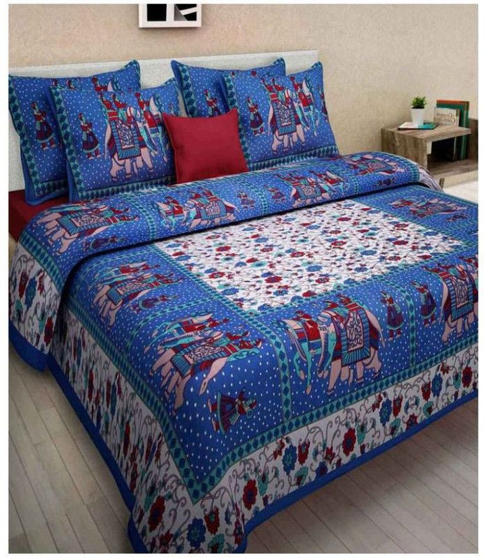 144 TC Cotton Double Animal Bedsheet  (Pack of 1, Blue)