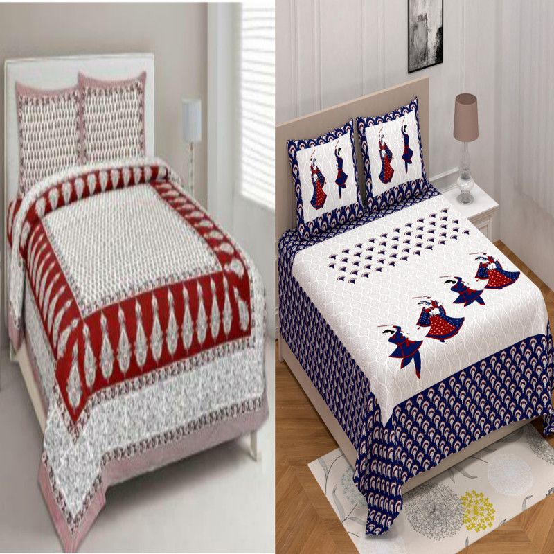 Sugun 151 TC Cotton Double Jaipuri Prints Flat Bedsheet  (Pack of 2, Blue)