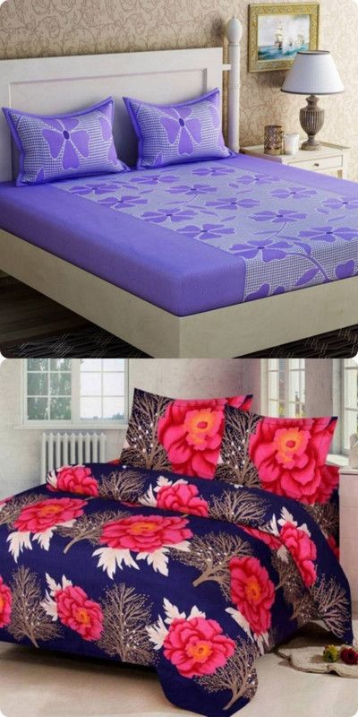 EKANSH FAB 160 TC Microfiber Double Floral Flat Bedsheet  (Pack of 2, Blue)