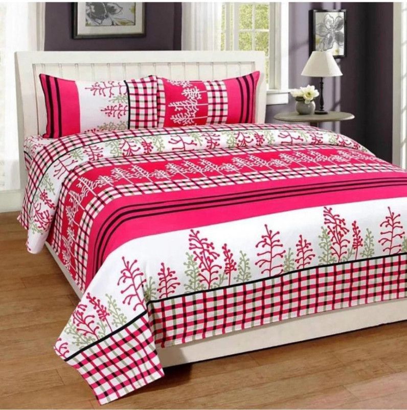 VORDVIGO 150 TC Polycotton Double Printed Flat Bedsheet  (Pack of 1, Pink tree)