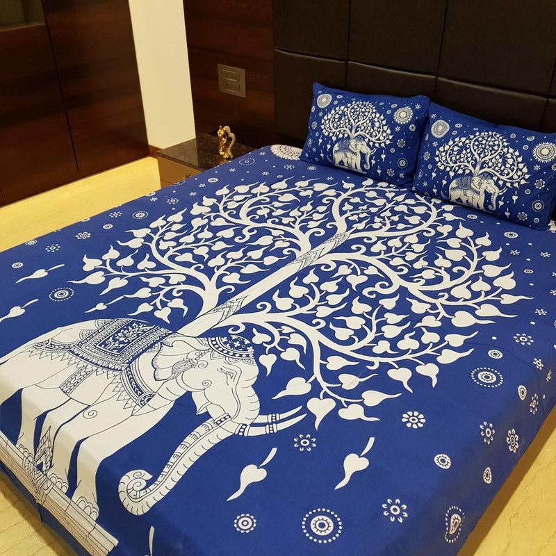 TIBRAPRINTS 144 TC Cotton Double Printed Flat Bedsheet  (Pack of 1, Bllue,White)