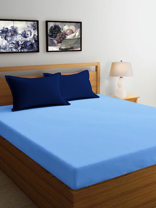 SHIV CRAFTS 300 TC Satin Double Solid Flat Bedsheet  (Pack of 1, SKY BLUE & DARK BLUE)