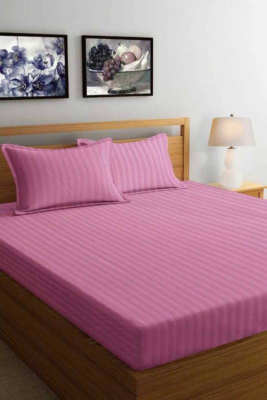 PCT 220 TC Satin Double Striped Flat Bedsheet  (Pack of 1, Pink)