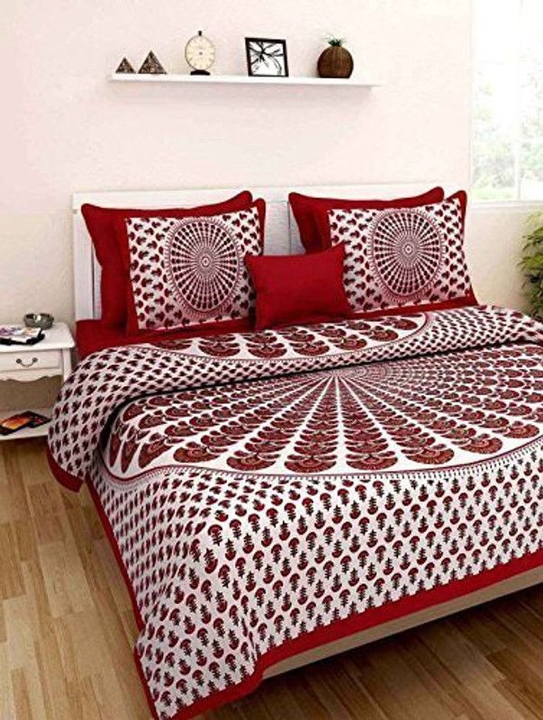 Ankit International 104 TC Cotton Queen Jaipuri Prints Flat Bedsheet  (Pack of 1, Red & White)