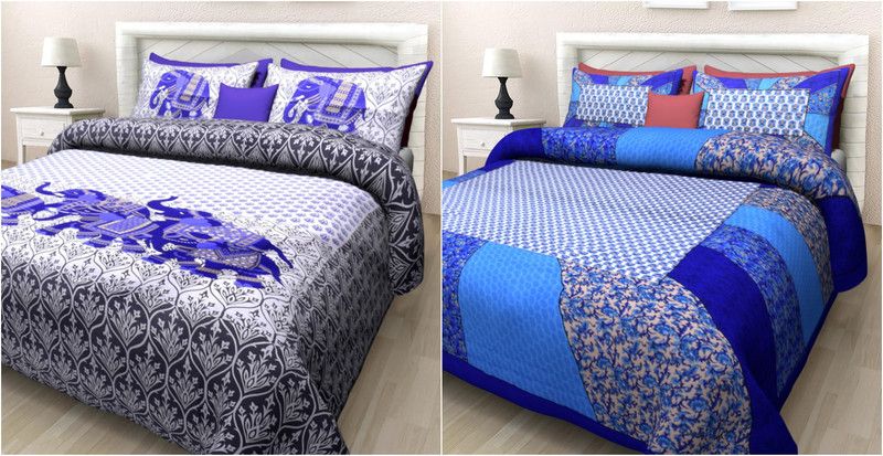 JAIPUR PRINTS 251 TC Cotton Queen Self Design Flat Bedsheet  (Pack of 2, Multicolor)