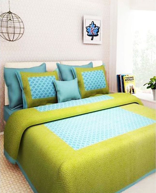 JAXMON 0 TC Cotton Double Jaipuri Prints Flat Bedsheet  (Pack of 1, GREEN-BLUE)