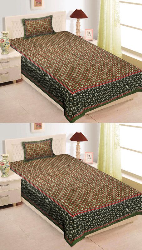 Texstylers 144 TC Cotton Single Jaipuri Prints Flat Bedsheet  (Pack of 2, Green)