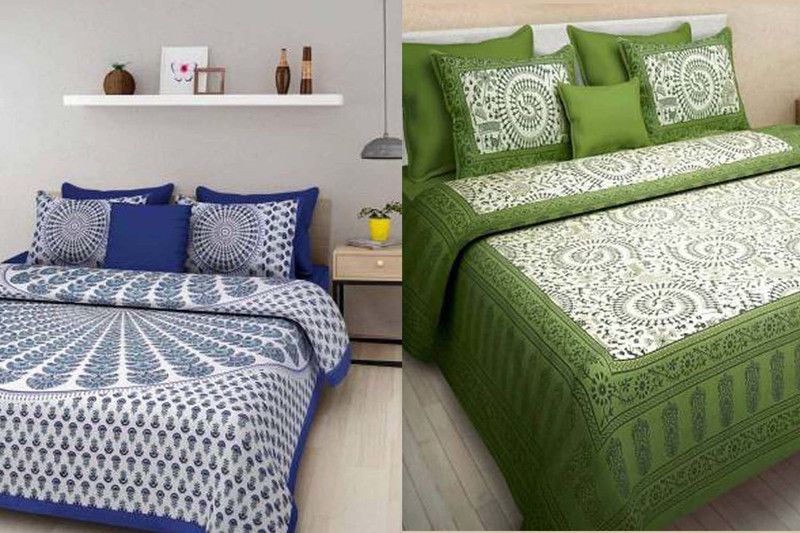 MAMORE 240 TC Cotton Double Jaipuri Prints Flat Bedsheet  (Pack of 2, Green, Blue)