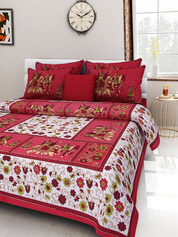 UNIQCHOICE 120 TC Cotton Double Floral Fitted (Elastic) Bedsheet  (Pack of 1, Red)