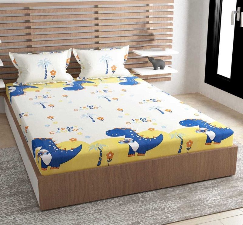 luxxybliss 250 TC Cotton Queen Printed Fitted (Elastic) Bedsheet  (Pack of 1, white:blue)