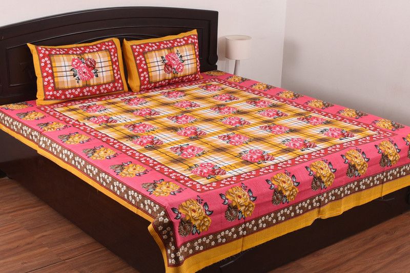 eCraftIndia 140 TC Cotton Double Floral Flat Bedsheet  (Pack of 1, Yellow)