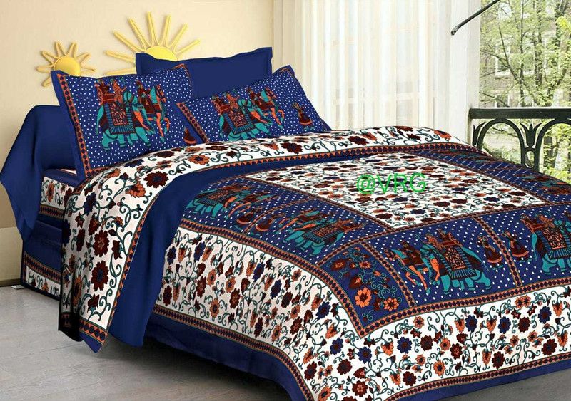 Home@shop 104 TC Cotton Double Printed Flat Bedsheet  (Pack of 1, Blue)