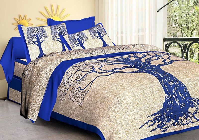 Kagzi Store 280 TC Cotton Queen Printed Flat Bedsheet  (Pack of 1, Blue)