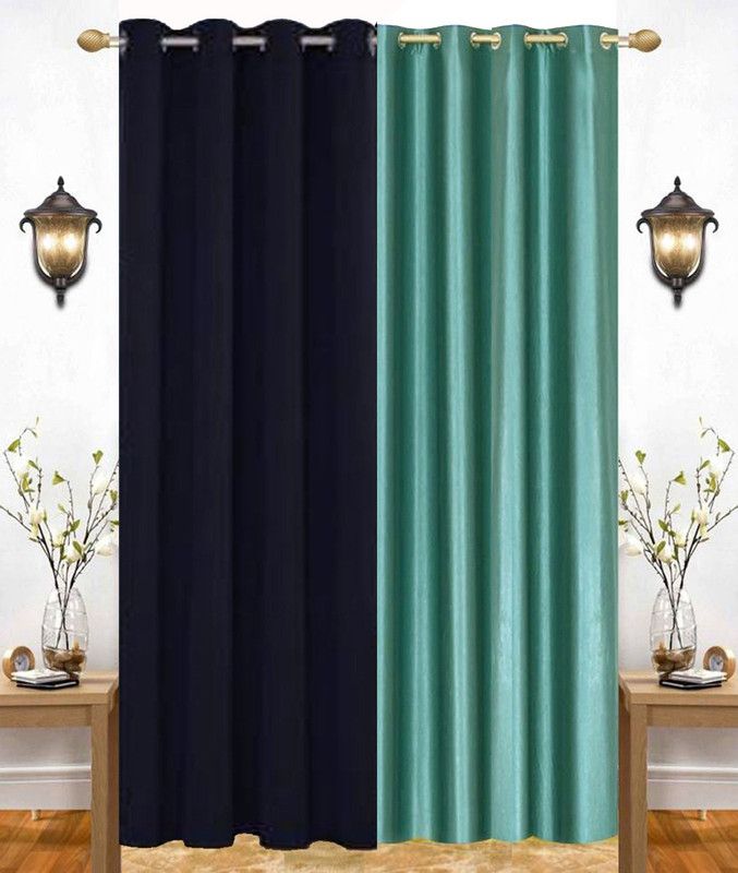 India Furnish 153 cm (5 ft) Polyester Semi Transparent Window Curtain (Pack Of 2)  (Plain, Aqua & Black)