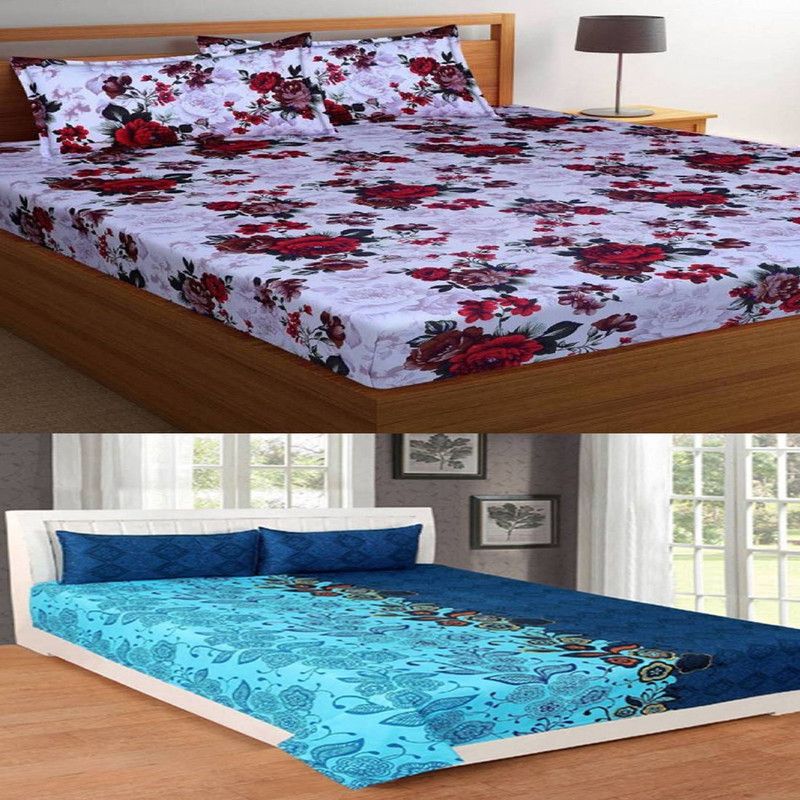 Home Expert 140 TC Polycotton Double 3D Printed Flat Bedsheet  (Pack of 2, Multicolor)